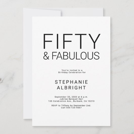 Minimal Fifty and Fabulous 50th Birthday Party Inv 招待状 (正面)