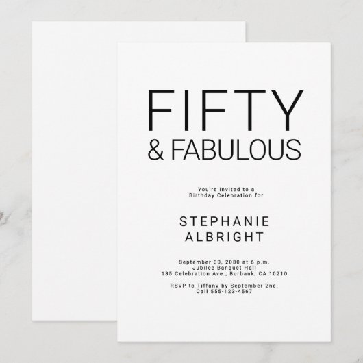 Minimal Fifty and Fabulous 50th Birthday Party Inv 招待状 (正面/裏面)