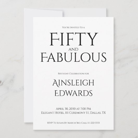 Minimal Fifty and Fabulous Black 50th Birthday 招待状 (正面)