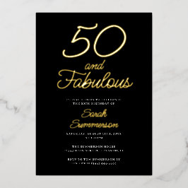 Minimal Fifty Fabulous Black 50th Birthday Party 箔招待状