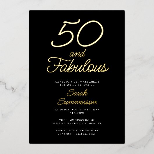 Minimal Fifty Fabulous Black 50th Birthday Party 箔招待状 (正面)