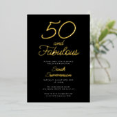 Minimal Fifty Fabulous Black 50th Birthday Party 箔招待状 (立ち正面)