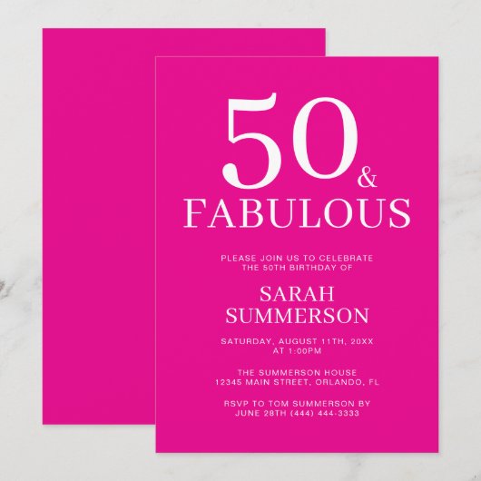 Minimal Fifty Fabulous Pink 50th Birthday Party 招待状 (正面/裏面)