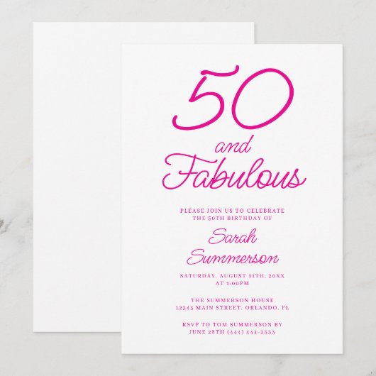 Minimal Fifty Fabulous Pink 50th Birthday Party 招待状 (正面/裏面)