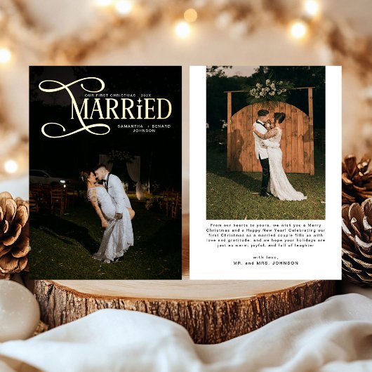 Minimal First Christmas Married Couples 2 Photos 箔シーズンカード