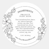 Minimal Floral Black and White Ingredients Sticker ラウンドシール (正面)