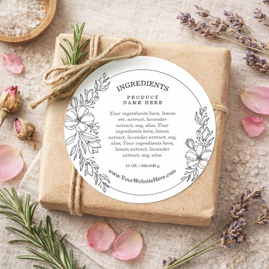 Minimal Floral Black and White Ingredients Sticker ラウンドシール