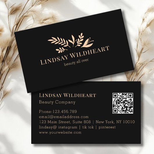 Minimal Floral Black Botanical Beauty QR Code 名刺