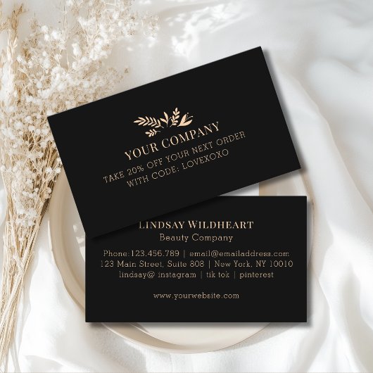 Minimal Floral Black Botanical Salon Discount Card 割引カード
