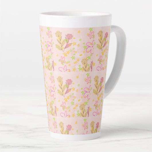 Minimal floral doodle pattern -pastel colour art カフェラテマグ (右アングル)
