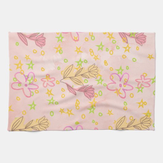 Minimal Floral Doodle Pattern –Pastel Pink pattern キッチンタオル (横)