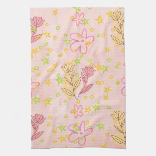 Minimal Floral Doodle Pattern –Pastel Pink pattern キッチンタオル (縦)