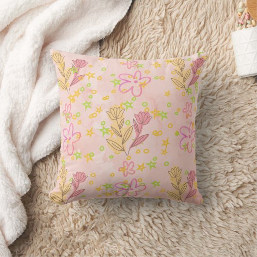 Minimal Floral Doodle Pattern –Pastel Pink pattern クッション (ブランケット)