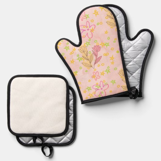 Minimal Floral Doodle Pattern –Pastel Pink pattern 鍋つかみ&鍋敷きセット (正面/裏面)