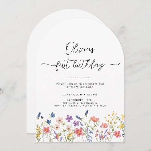 Minimal Floral First Birthday Arch Invitation 招待状 (正面/裏面)