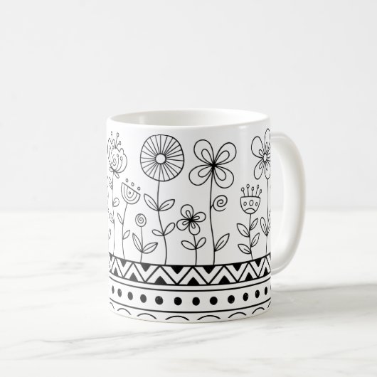Minimal Floral Folk Pattern Mug – Boho Line Art コーヒーマグカップ (正面右)