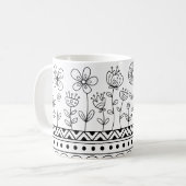 Minimal Floral Folk Pattern Mug – Boho Line Art コーヒーマグカップ (正面左)