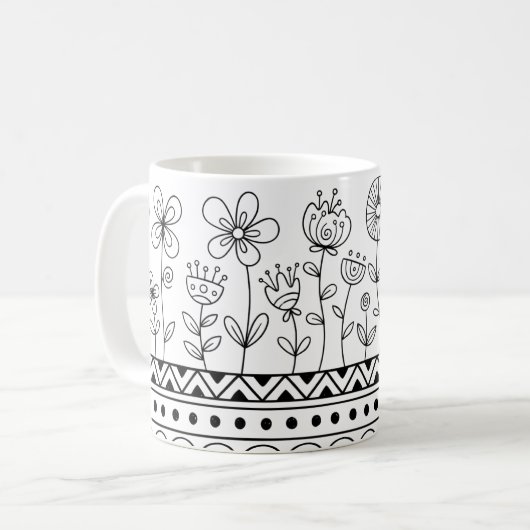 Minimal Floral Folk Pattern Mug – Boho Line Art コーヒーマグカップ (正面左)