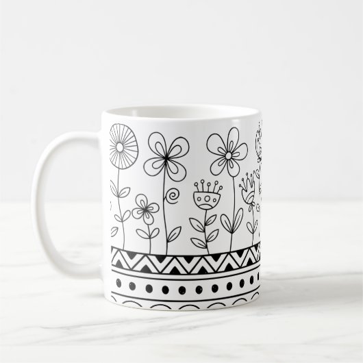 Minimal Floral Folk Pattern Mug – Boho Line Art コーヒーマグカップ (左)