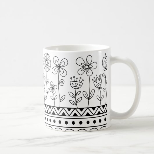 Minimal Floral Folk Pattern Mug – Boho Line Art コーヒーマグカップ (右)
