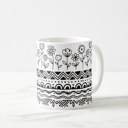 Minimal Floral Folk Pattern Mug – Boho Line Art コーヒーマグカップ (正面右)
