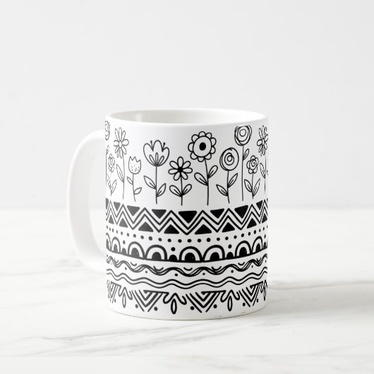 Minimal Floral Folk Pattern Mug – Boho Line Art  コーヒーマグカップ (正面左)