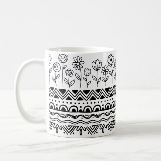 Minimal Floral Folk Pattern Mug – Boho Line Art コーヒーマグカップ (左)