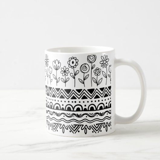Minimal Floral Folk Pattern Mug – Boho Line Art  コーヒーマグカップ (右)