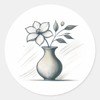 Minimal Floral Vase Line Art Elegant Flower Sketch ラウンドシール