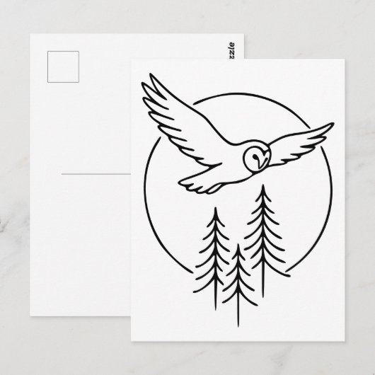 Minimal Flying Owl Over Pines – Forest Line Art Il ポストカード (正面/裏面)