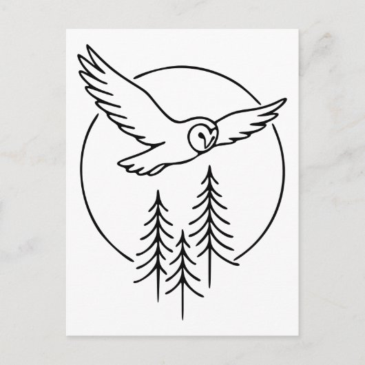 Minimal Flying Owl Over Pines – Forest Line Art Il ポストカード (正面)