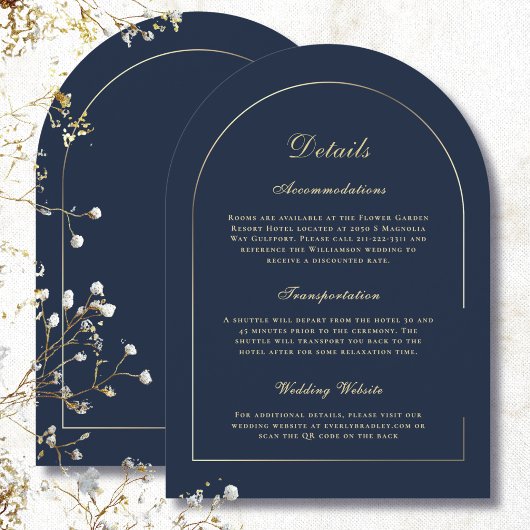 Minimal Gold Arch Navy Background Details Wedding 招待状