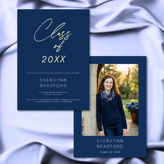 Minimal Gold Blue & White Graduation Announcement 箔招待状