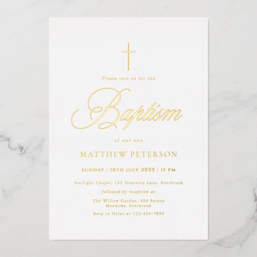 Minimal Gold Calligraphy Baptism 箔招待状 (正面)
