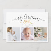Minimal Gold Ribbon Three Photo Christmas Greeting シーズンカード (正面)