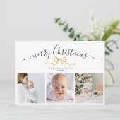 Minimal Gold Ribbon Three Photo Christmas Greeting シーズンカード (スタンド正面)