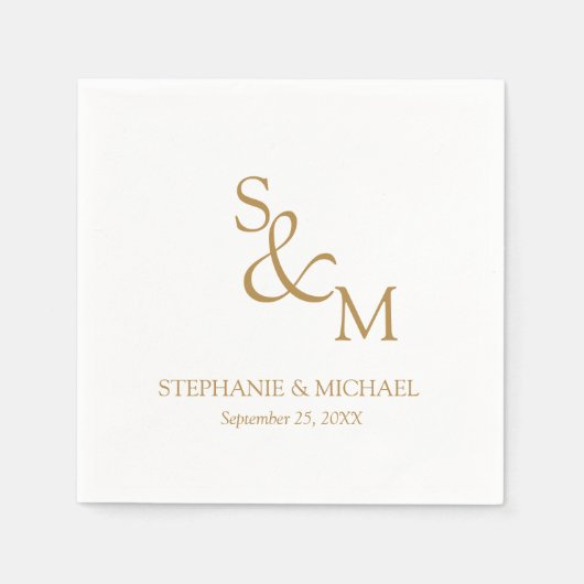Minimal Gold Script Monogram Wedding スタンダードカクテルナプキン (正面)