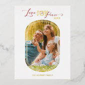 Minimal Golden Love Joy Peace Christmas Family Pic 箔シーズンポストカード (正面)