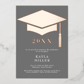 Minimal Gray White Rose Gold Cap Grad Announcement 箔招待状 (正面)