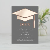 Minimal Gray White Rose Gold Cap Grad Announcement 箔招待状 (立ち正面)