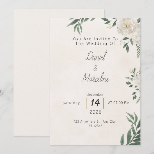 Minimal Green Botanical Wedding Invitation 招待状 (正面/裏面)
