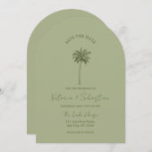 Minimal Green Palm Tree Beach Save The Date 招待状 (正面/裏面)