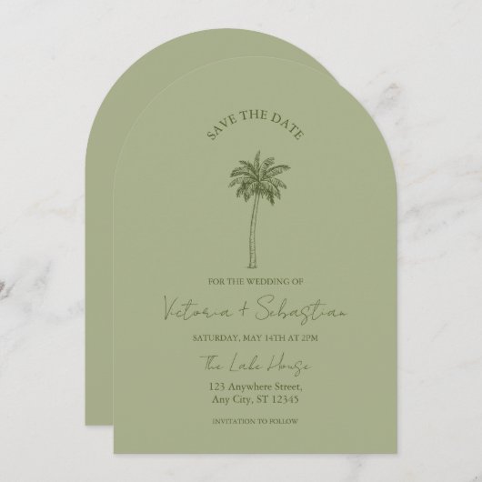 Minimal Green Palm Tree Beach Save The Date 招待状 (正面/裏面)