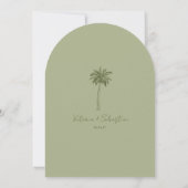 Minimal Green Palm Tree Beach Save The Date 招待状 (裏面)