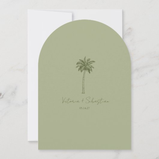 Minimal Green Palm Tree Beach Save The Date 招待状 (裏面)