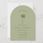 Minimal Green Palm Tree Beach Save The Date 招待状 (正面)