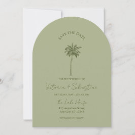 Minimal Green Palm Tree Beach Save The Date 招待状