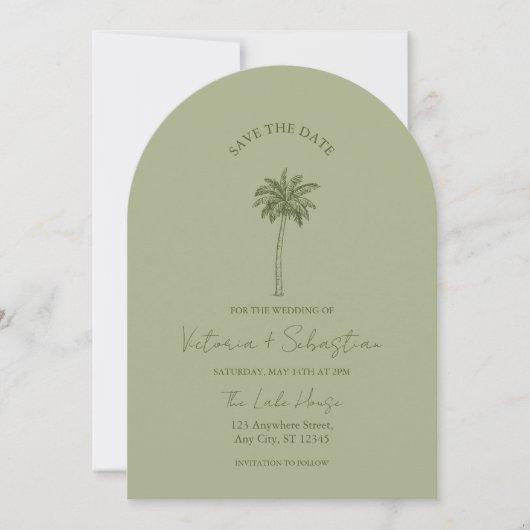 Minimal Green Palm Tree Beach Save The Date 招待状 (正面)