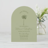 Minimal Green Palm Tree Beach Save The Date 招待状 (スタンド正面)