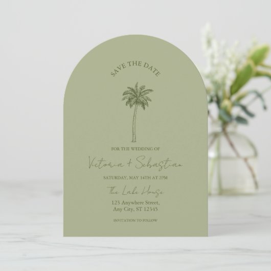 Minimal Green Palm Tree Beach Save The Date 招待状 (スタンド正面)